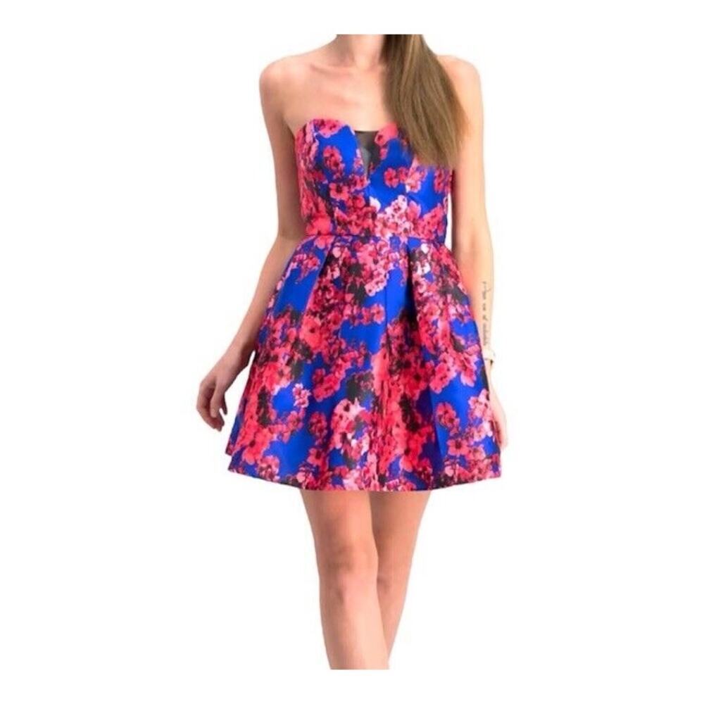 New B. Darlin Strapless Sweetheart Red Blue Floral‎ Print Mini Dress Juniors 5/6